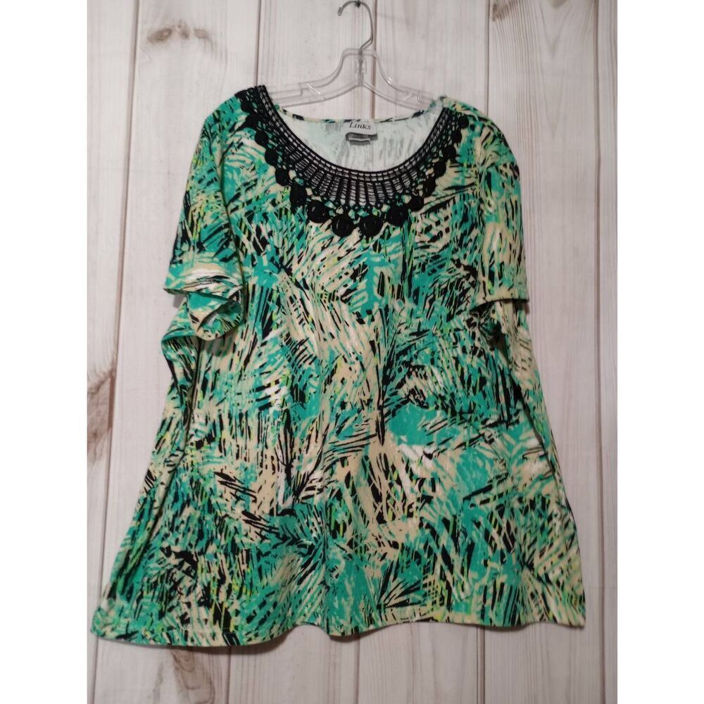 Links Shirt Ladies 3x Green Black Tropical Crochet